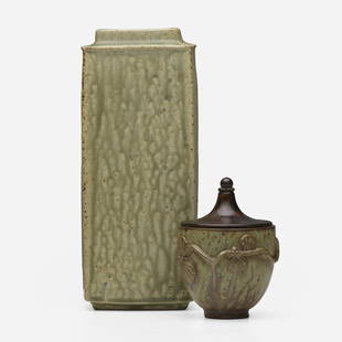 Arne Bang, Vase and covered bowl: Arne Bang Vase and covered bowl Denmark, c. 1940, 1960glazed stoneware, bronze 5 h x 3.5 dia in (13 x 9 cm) 10.5 h x 4.25 w x 3.75 d in (27 x 11 x 10 cm) Incised signature to underside of o