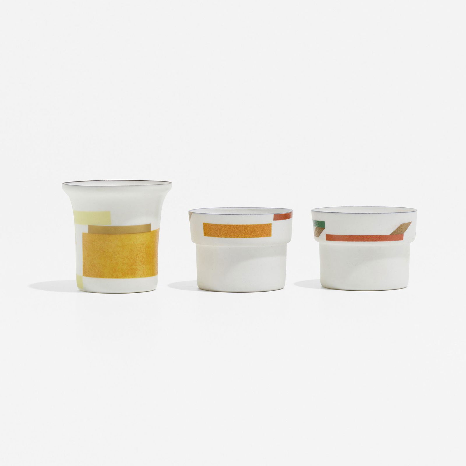 Bodil Manz, Collection of three vessels: Bodil Manz Collection of three vessels Denmark, c. 2018molded and transfer-decorated porcelain 3.25 h x 3.25 dia in (8 x 8 cm) Glazed signature to underside of each example 'Bodil Manz'.