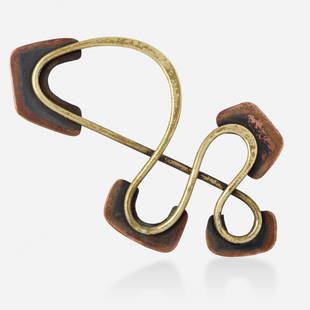 Art Smith, Brass and copper brooch: Art Smith Brass and copper brooch Of abstract design; 1950s Brass and copper Signed Art Smith 4.50 x 2.75 in; Gross weight 19.7 dwts Provenance: Property from the collect