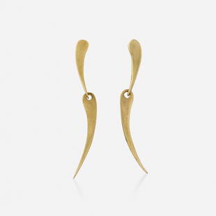 Art Smith, Brass earrings: Art Smith Brass earrings Of undulating design Unsigned; 1950s Brass 2.50 in; Gross weight 4.4 dwts Provenance: Property from the collection of Lillian Sykes I Thence by decent <
