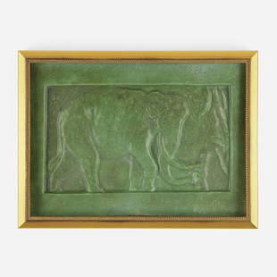 Grueby Faience Company, Rare Jungle Book tile: Russell Crook for Grueby Faience Company Rare Jungle Book tile with elephant and child USA, c. 1900 glazed earthenware 11.5 h x 16 w x 1.5 d in (29 x 41 x 4 cm) Provenance: Private Collection,