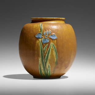 Grueby Faience Company, Rare vase: Grueby Faience Company Rare and Exceptional vase with irises USA, 1898-1910glazed earthenware 7.25 h x 6.5 dia in (18 x 17 cm) Impressed manufacturer's mark to underside 'Grueby Pottery Boston