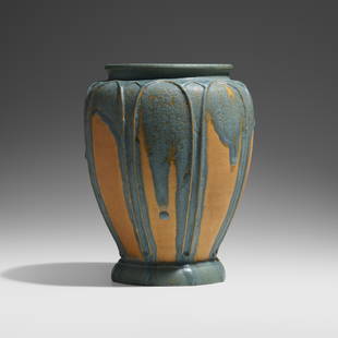 Grueby Faience Company, Rare and Large vase: Grueby Faience Company Rare and Large vase USA, 1898-1910glazed earthenware 11.25 h x 8.75 dia in (29 x 22 cm) Vase features an unusual, controlled drip glaze. Glazed-over impressed manufactur