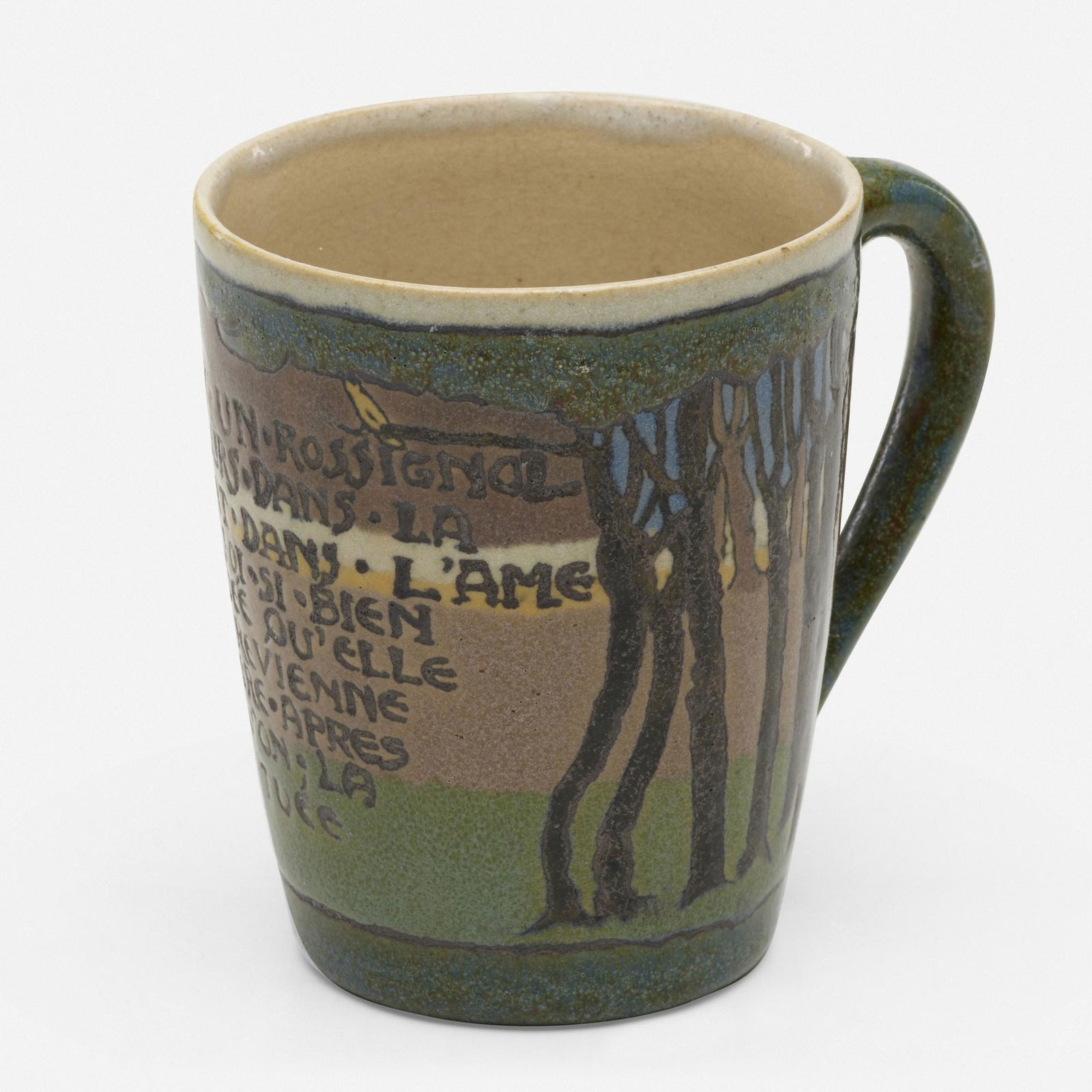 Saturday Evening Girls, Rare Chantecler mug: Frances Rocchi for Saturday Evening Girls Rare Chantecler mug USA, 1913glazed earthenware decorated in cuerda seca 4 h x 4.5 w x 3.25 d in (10 x 11 x 8 cm) Glazed signature and date to undersi
