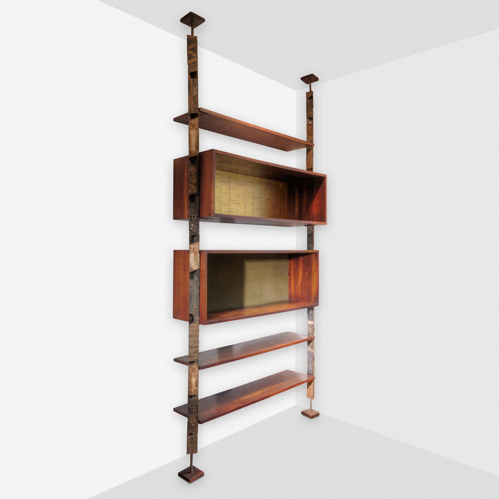 Paul Evans and Phillip Powell, Shelving unit: Paul Evans and Phillip Lloyd Powell Shelving unit USA, c. 1965torch-cut, welded and enameled steel, painted wood, gold leaf 112 h x 53 w x 13 d in (284 x 135 x 33 cm) Shelving unit features th