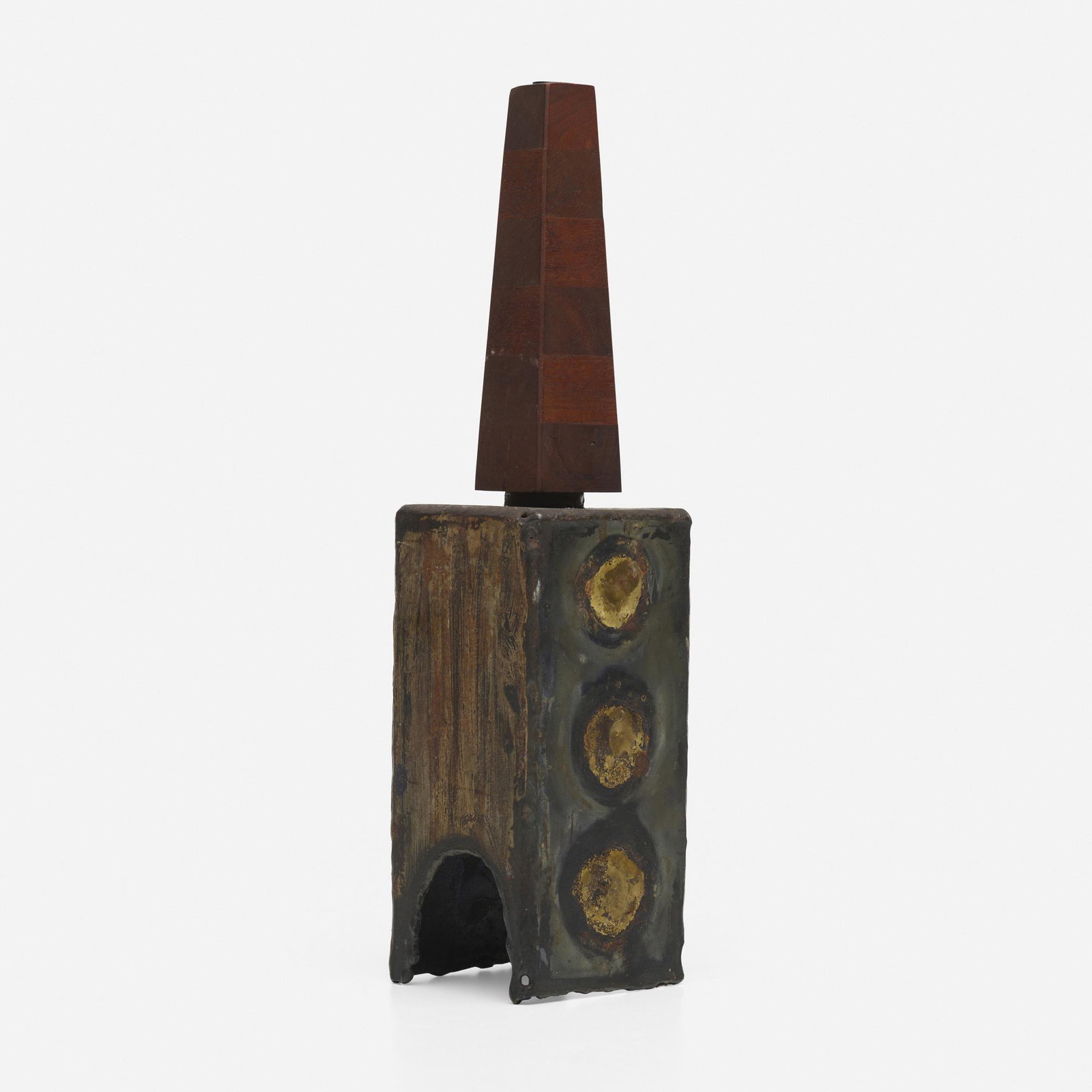 Paul Evans and Phillip Powell, Rare dinner bell: Paul Evans and Phillip Lloyd Powell Rare dinner bell USA, c. 1965welded, patinated and gilt steel, walnut 10.75 h x 2.5 w x 2.5 d in (27 x 6 x 6 cm) Rago would like to thank Dorsey Reading for