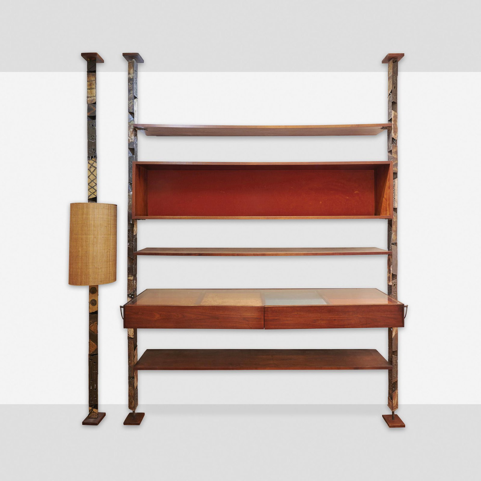 Paul Evans and Phil Powell, Shelving unit and lamp: Paul Evans and Phillip Lloyd Powell Shelving unit and suspension lamp USA, c. 1965torch-cut, welded and enameled steel, walnut, painted wood, glass, sea grass, velvet bookcase: 104 h x 76.5 w x 16.12
