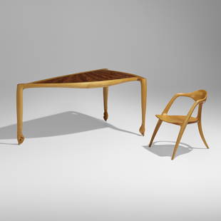 Wendell Castle, Three-Legged Thumb desk and chair: Wendell Castle Three-Legged Thumb desk and chair USA, 1980maple, crotch mahogany, ebony desk: 29.25 h x 67.5 w x 38.75 d in (74 x 171 x 98 cm) chair: 27.5 h x 24.25 w x 28 d in (70 x 62 x 71 cm)