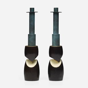 Wendell Castle, Candlesticks, pair: Wendell Castle Candlesticks, pair USA, 1990ebonized mahogany, brass, white gold and yellow gold leaf 16.5 h x 3.5 dia in (42 x 9 cm) Carved signature and date to base of each example 'W.C. 90'