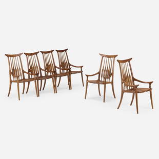 Sam Maloof, Horn back chairs, set of six: Sam Maloof Horn back chairs, set of six USA, 1990walnut, ebony 43 h x 23 w x 20 d in (109 x 58 x 51 cm) These works are initialed "jmo" for Michael Johnson and Michael O'Neil. Carved si