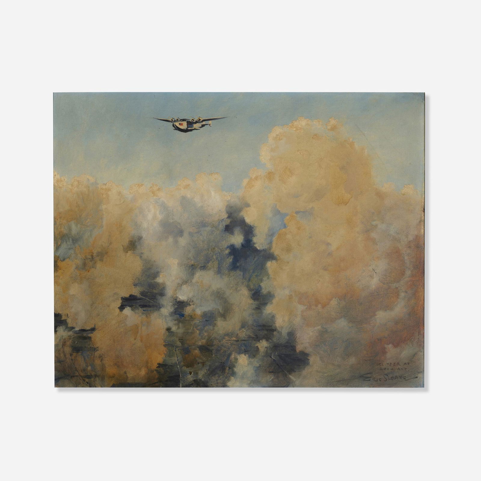 Eric Sloane, Clipper at Good Altitude: Eric Sloane Clipper at Good Altitude oil on canvas board 24.125 h x 29.75 w in (61 x 76 cm) Signed and titled to lower right 'Clipper at Good Alt. Eric Sloane'. Provenance: P