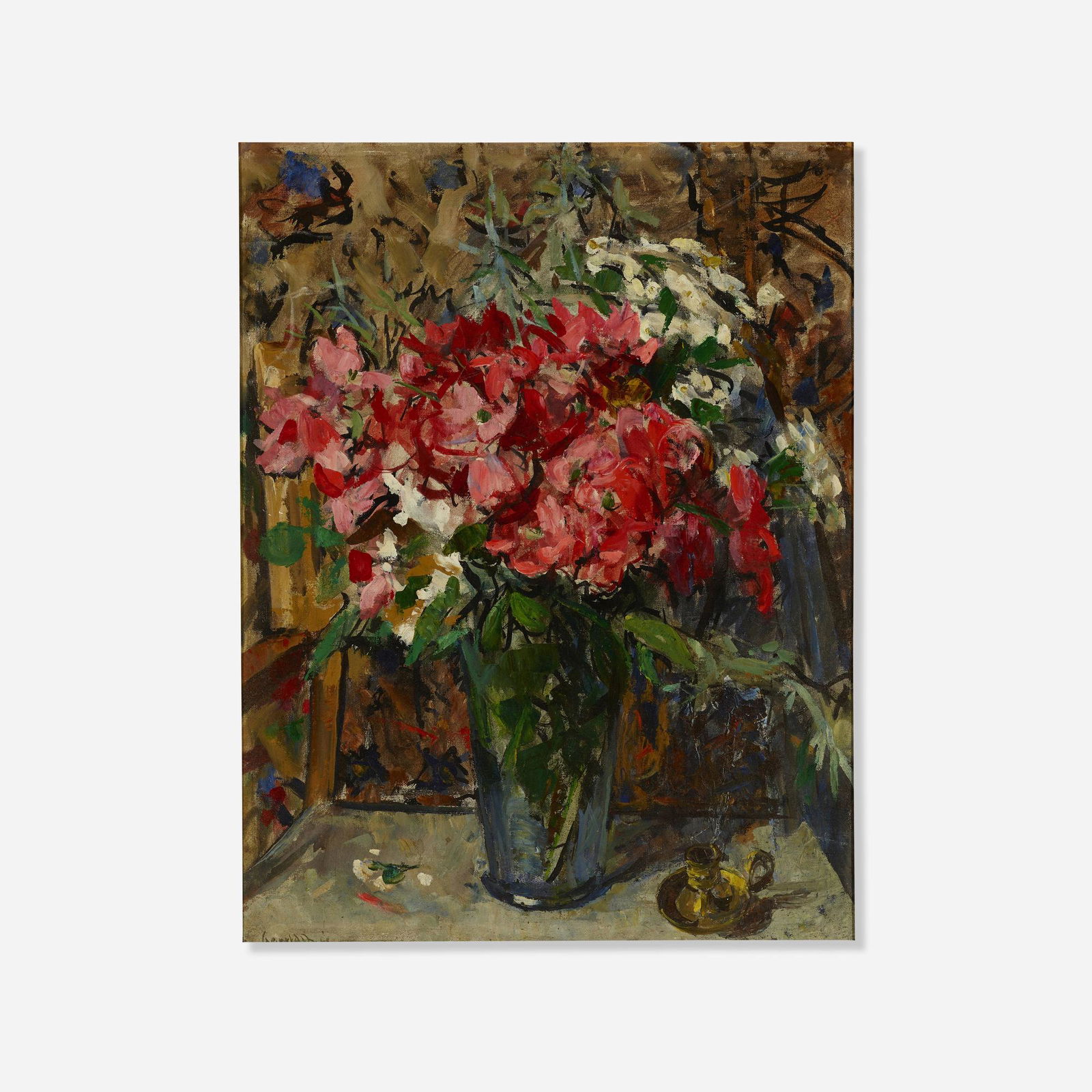 Gerald Vivian Davis, Floral Still Life: Gerald Vivian Davis Floral Still Life oil on canvas board 25 h x 19.5 w in (63 x 50 cm) Signed to lower left 'Gerald Davis'. Provenance: Spanierman, New York | Private Collec