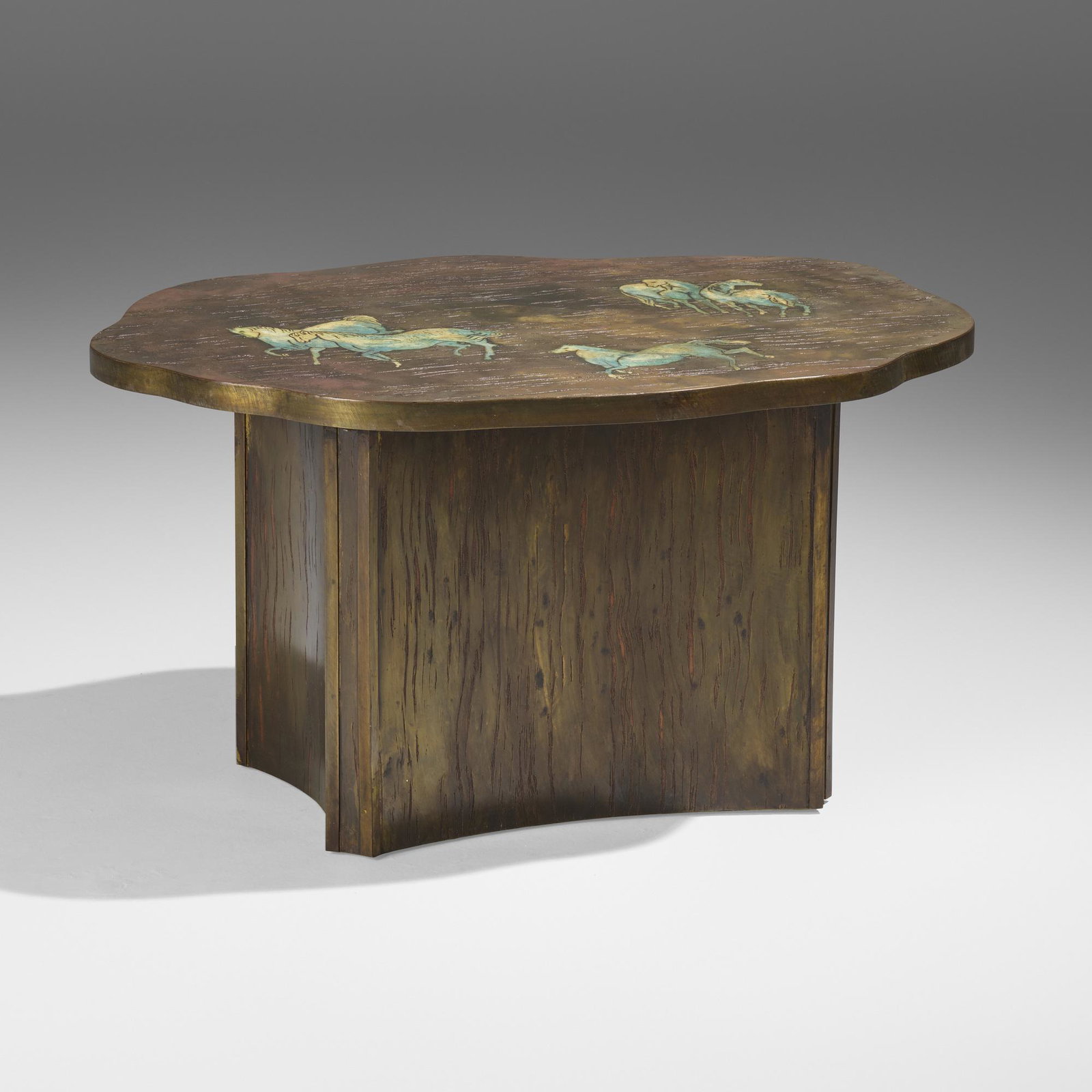 Philip and Kelvin LaVerne, Horses table: Philip and Kelvin LaVerne Horses table USA, c. 1965 etched, patinated, and enameled bronze, brass, pewter 17.5 h x 32 w x 23 d in (44 x 81 x 58 cm) Etched signature to top 'Philip - Kelvin LaVe