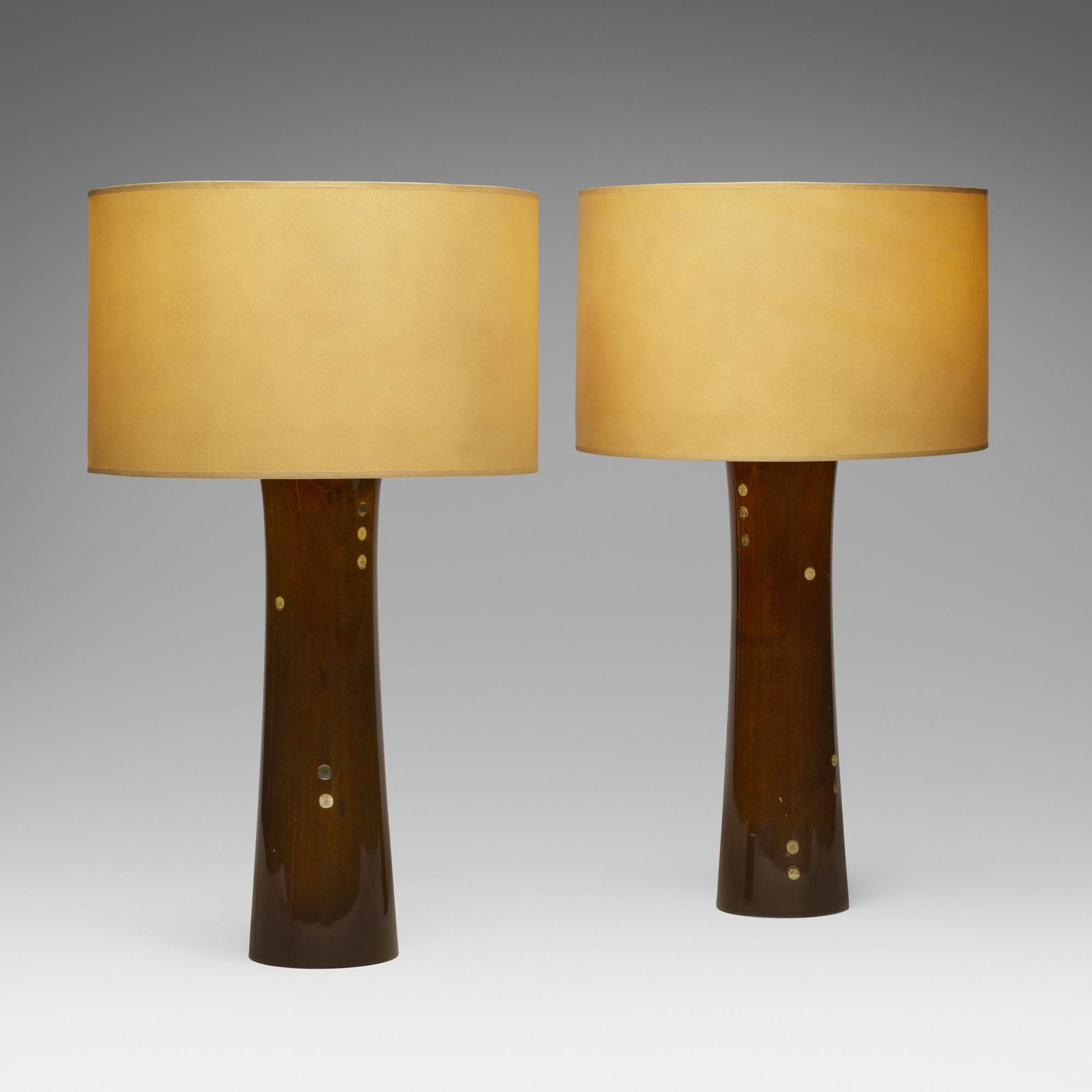 Gordon and Jane Martz, Table lamps, pair: Gordon and Jane Martz Table lamps, pair USA, c. 1955laminated walnut, ceramic inlay, paper shades 28.5 h x 13.5 dia in (72 x 34 cm) This work will ship from Lambertville, New Jers