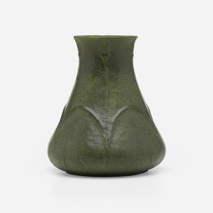 Grueby Faience Company, Vase with leaves and buds: Grueby Faience Company Vase with leaves and buds USA, 1898-1910glazed earthenware 6.75 h x 5.75 dia in (17 x 15 cm) Impressed manufacturer's mark to underside 'Grueby Pottery Boston U.S.A.' wi