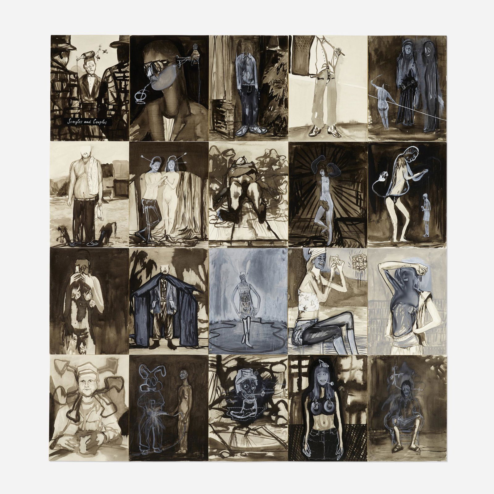 Alessandro Pessoli, Singles and Couples: Alessandro Pessoli Singles and Couples 2002ink and tempera on paper each: 15.75 h x 11.75 w in (40 x 30 cm) overall: 63 h x 58.75 w in (160 x 149 cm) Titled to upper left 'Singles and Coupl