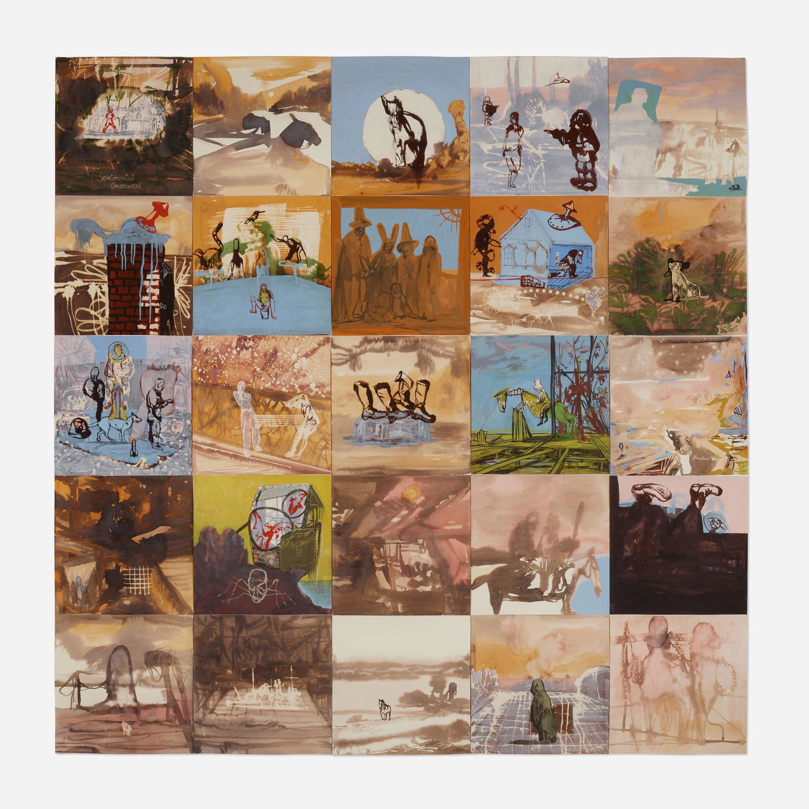 Alessandro Pessoli, Sentimental Underwood: Alessandro Pessoli Sentimental Underwood Italy, 2002ink, gouache, and bleach on paper each: 15.75 h x 15.75 w in (40 x 40 cm) overall: 79 h x 79 w in (201 x 201 cm) Titled to upper left 'Se