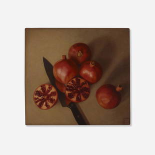 Michael Leonard, Five Pomegranates: Michael Leonard Five Pomegranates 1996alkyd-oil on Masonite 17 h x 18.5 w in (43 x 47 cm) Signed and dated to lower right 'ML 96'. Signed, titled and dated to verso 'Michael Leonard Five Pomeg