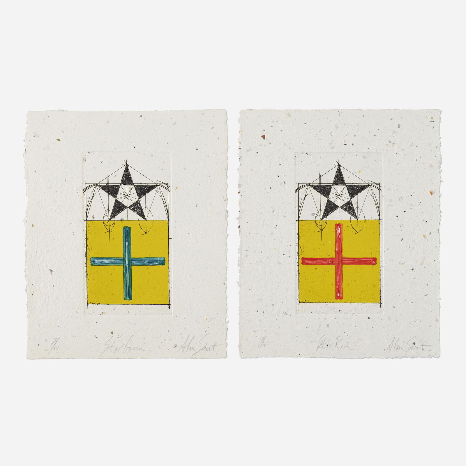 Alan Saret, Star Green; Star Red (two works): Alan Saret Star Green; Star Red (two works) 1981-83etching in colors with hand-deletions on handmade paper image: 13 h x 7 w in (33 x 18 cm) sheet: 20 h x 16.5 w in (51 x 42 cm) Signed, tit