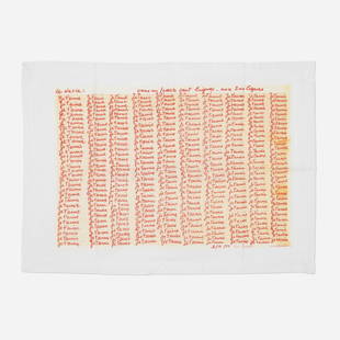 Louise Bourgeois, Red Room (parents), detail: Louise Bourgeois Red Room (parents), detail 1994 / 2009embroidery and screenprint in colors on pillowcase (double-sided) 20.875 h x 29.875 w x .125 d in (53 x 76 x 0 cm) Printed signature to l