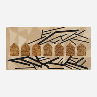 Zarina (Zarina Hashmi), Flood: Zarina (Zarina Hashmi) Flood 1991wood veneer collage on paper sight: 19 h x 38 w in (48 x 97 cm) Signed, titled and dated to lower edge 'Flood Zarina 91'. Provenance: T