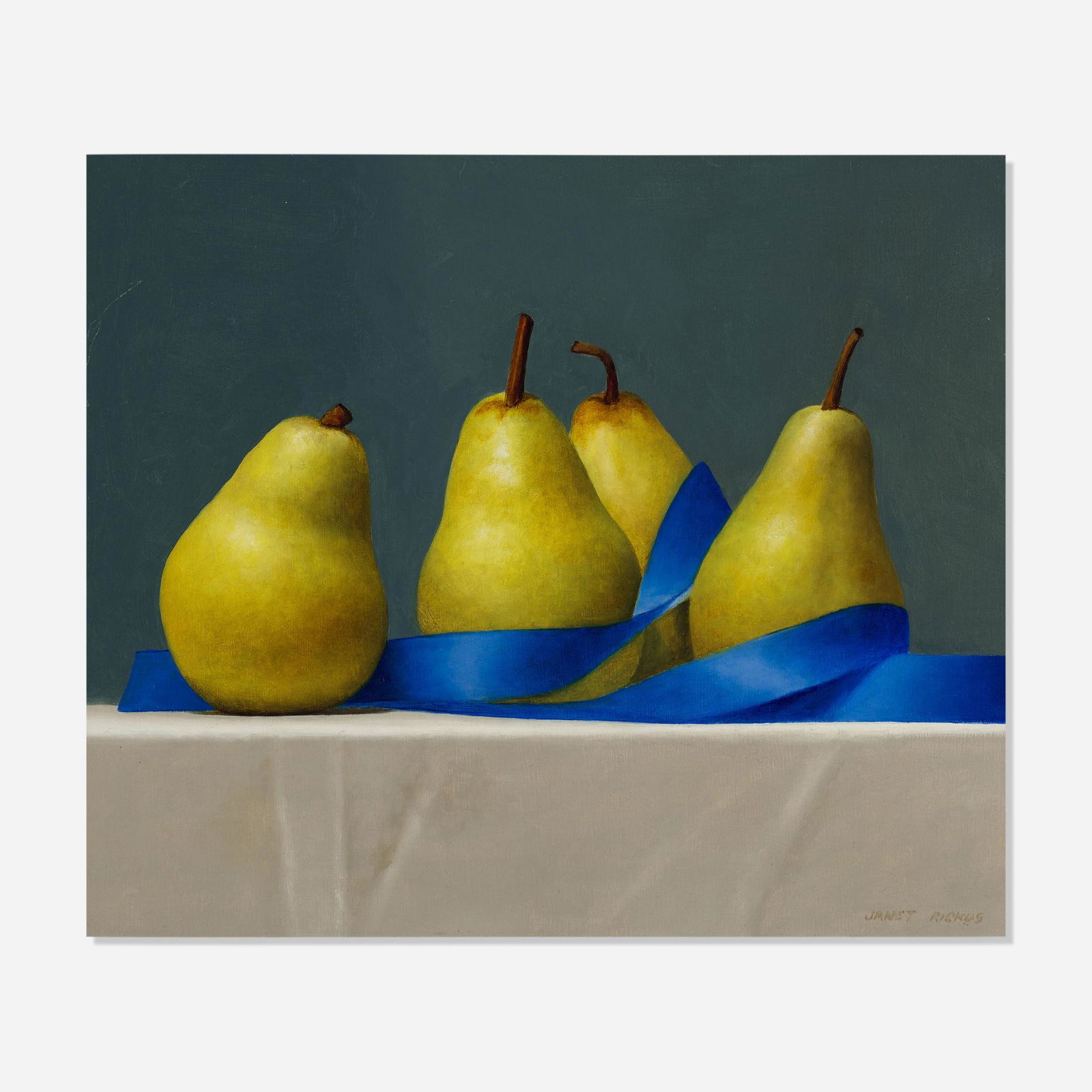 Janet Rickus, Pears with Ribbon: Janet Rickus Pears with Ribbon oil on panel 9.75 h x 11.75 w in (25 x 30 cm) Signed to lower right 'Janet Rickus'. This work will ship from Lambertville, New Jersey.