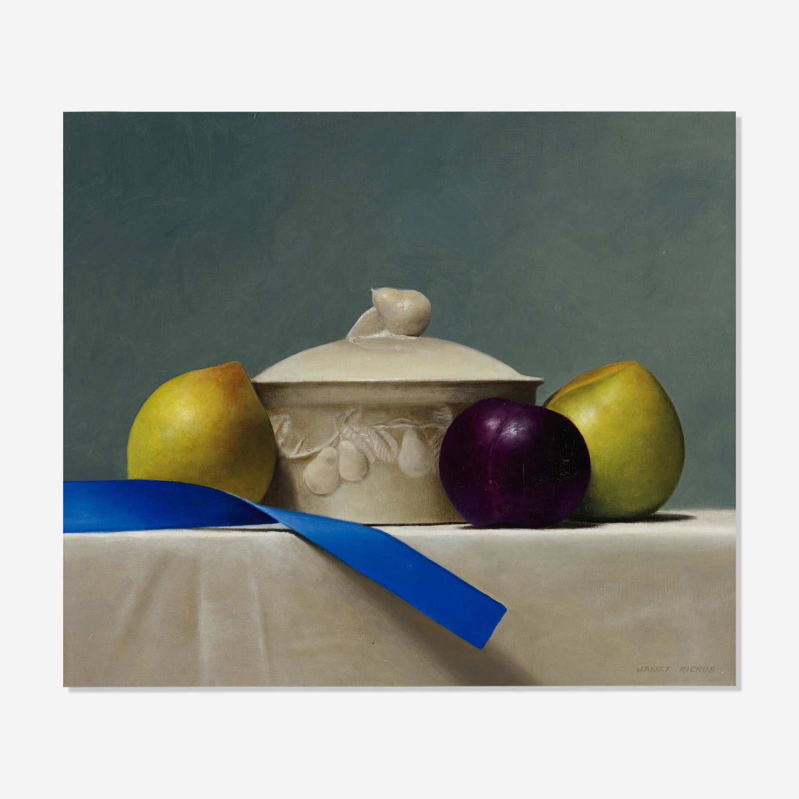 Janet Rickus, Fruit with Ribbon: Janet Rickus Fruit with Ribbon oil on canvas 10 h x 11.875 w in (25 x 30 cm) Signed to lower right 'Janet Rickus'. This work will ship from Lambertville, New Jersey.