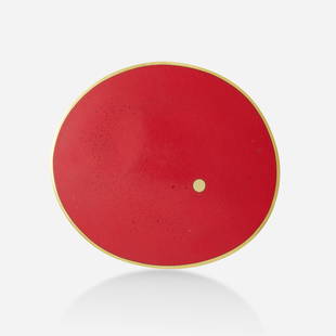 John Iversen, Enamel and gold brooch: John Iversen Enamel and gold brooch The vitreous enamel disc with gold rim and accent; c. 2001 18k yellow gold Signed Iversen 3.50 x 3 in; Gross weight 37.6 dwts This work will ship from