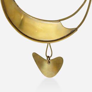 Art Smith, Brass necklace: Art Smith Brass necklace The hinged collar necklace suspending an asymmetrical pendant; 1960s Brass Signed Art Smith Inner circ. 13.50 in; Gross weight 58.6 dwts This work wi