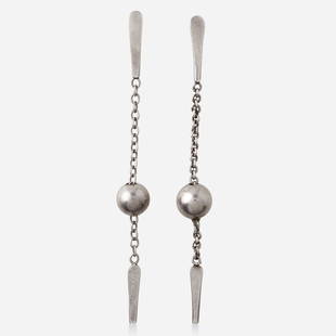 Art Smith, Silver earrings: Art Smith Silver earrings Each a chain suspending a silver sphere and pendulum Unsigned; 1950s Silver 3.75 x 0.25 in; Gross weight 5.2 dwts Provenance: Property from the collection of Lillian