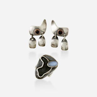 Sam Kramer, Sterling, moonstone ring, earrings: Sam Kramer Sterling silver and moonstone ring and earrings The earrings designed as abstract eyes with tears; the ring set with a cabochon moonstone; 1940s-50s Sterling silver and copper Signed with