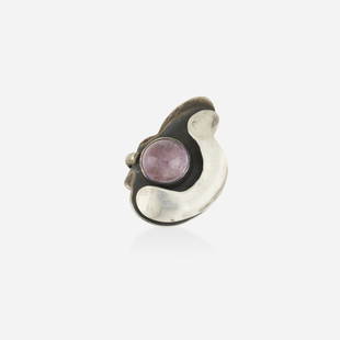 Sam Kramer, Sterling silver and amethyst ring: Sam Kramer Sterling silver and amethyst ring Of abstract design, set with a cabochon amethyst; 1940s-50s Sterling silver Signed with maker's mark for Sam Kramer Ring size 6.25; Gross weight 13.7