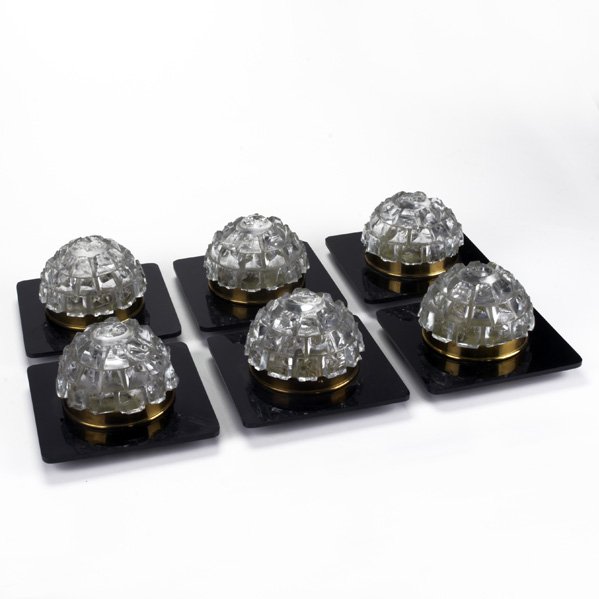 FRENCH MODERN; Set of six sconces, ca. 1950; Cast : FRENCH MODERN; Set of six sconces, ca. 1950; Cast and chiped glass, polished brass and acrylic; Unmarked; Each: 7'' sq. x 4 1/2''