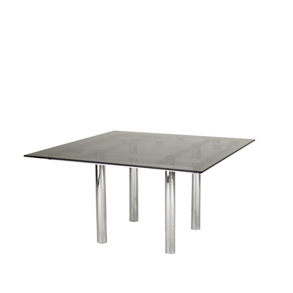 AFRA AND TOBIA SCARPA; Andre table, Italy, 1960s; C: AFRA AND TOBIA SCARPA; Andre table, Italy, 1960s; Chromed steel and glass; Unmarked; 29'' x 59'' sq.
