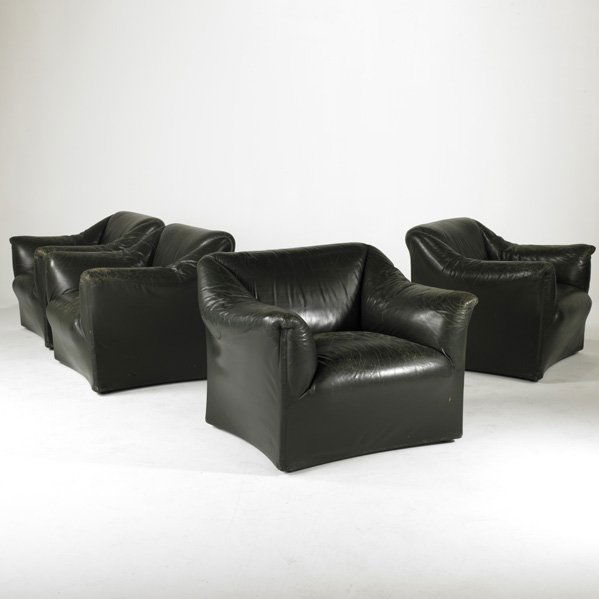MARIO BELLINI; CASSINA; Set of four club chairs (mo: MARIO BELLINI; CASSINA; Set of four club chairs (model 685), Italy, 1990s; Leather and foam; Unmarked; Each: 39'' x 40'' x 37''