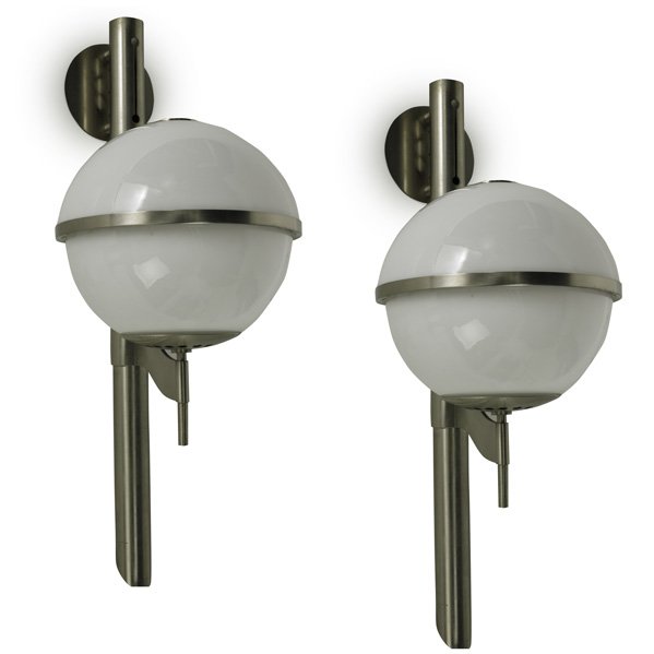 SERGIO MAZZA; Pair of wall sconces together with ex: SERGIO MAZZA; Pair of wall sconces together with extra fixture, mounting plate and one half-dome shade, Italy, 1960s; Chromed steel and cased glass; Unmarked; Each: 31'' x 11'' x 16''