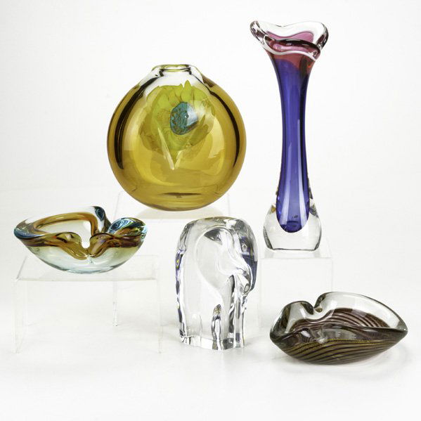 ART GLASS; Five pieces: Orrefors elephant, Flygsfor: ART GLASS; Five pieces: Orrefors elephant, Flygsfors Coquille vase, studio vase with internal decoration, and two Murano ashtrays; Some marked; Tallest: 12''