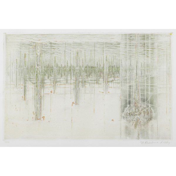 KRISHNA REDDY (Indian, 1925); Aquatint in colors, U: KRISHNA REDDY (Indian, 1925); Aquatint in colors, Untitled, Dedicated to Rabindranath Tagore (framed); Signed and numbered; 12'' x 20'' (plate)