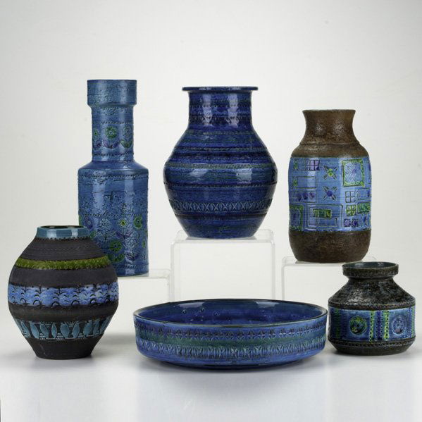 BITOSSI; Grouping of six glazed vessels with emboss: BITOSSI; Grouping of six glazed vessels with embossed designs; Italy, 1950s, all marked, tallest 12''