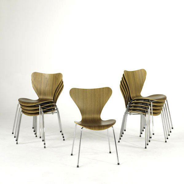 ARNE JACOBSEN; FRITZ HANSEN/KNOLL STUDIO; Set of t: ARNE JACOBSEN; FRITZ HANSEN/KNOLL STUDIO; Set of ten Sevner chairs (model 3107), Denmark, 2000; Teak and chromed steel; All marked; Each: 31'' x 18 1/2'' x 20''
