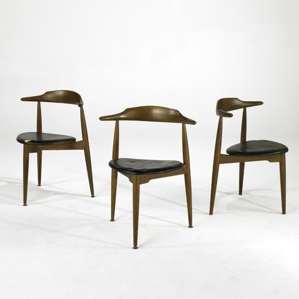 HANS WEGNER; FRITZ HANSEN; Three Heart chairs, De: HANS WEGNER; FRITZ HANSEN; Three Heart chairs, Denmark, 1950s; Oak and leather; Two with Fritz Hansen labels, three with Danish Control labels; Each: 27 1/2'' 20'' x 18''