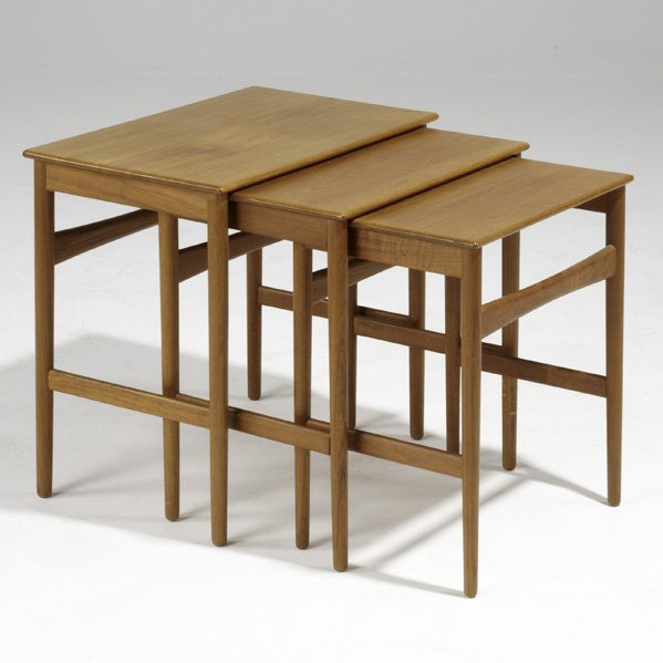 HANS WEGNER; ANDREAS TUCK; Set of three teak nesti: HANS WEGNER; ANDREAS TUCK; Set of three teak nesting tables, Denmark, 1960s; Branded and Johannes Hansen label; Tallest: 19'' x 20 1/2'' 14 1/4''