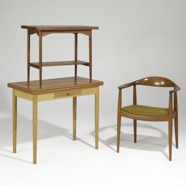 HANS WEGNER; ANDREAS TUCK; JOHANNES HANSEN; Desk,: HANS WEGNER; ANDREAS TUCK; JOHANNES HANSEN; Desk, return and Round Chair, Denmark, 1960s; Teak, oak and upholstery; Chair and desk branded; Desk 29'' x 35 1/2'' x 19 1/2''
