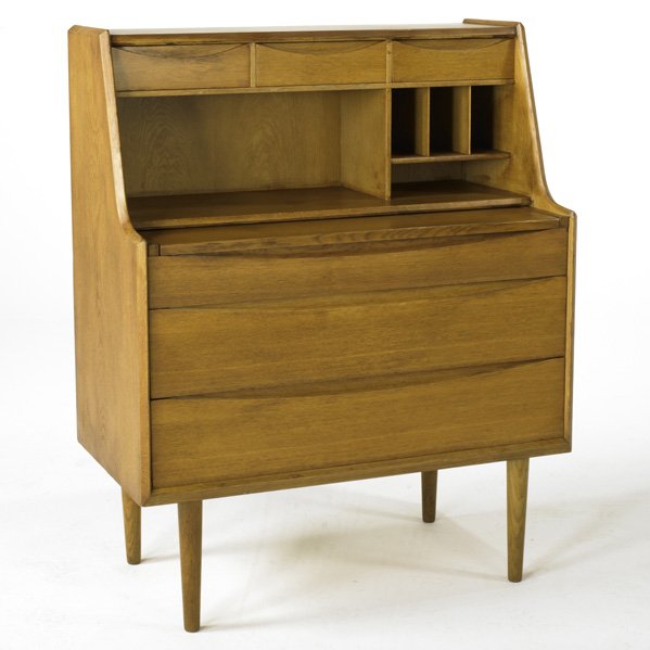 ARNE VODDER; Secretary with pull-out vanity, Denma: ARNE VODDER; Secretary with pull-out vanity, Denmark, 1960s; Teak and mirrored glass; Stamped and illegibly signed; 42 1/2'' x 34'' x 18''