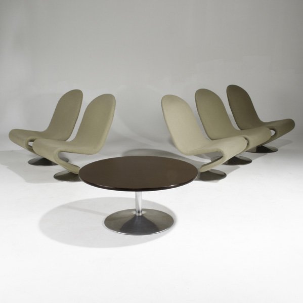 VERNER PANTON; FRITZ HANSEN; Set of five lounge c: VERNER PANTON; FRITZ HANSEN; Set of five lounge chairs and coffee table, Denmark, 1970s; Upholstery, laminate and polished aluminum; Unmarked: Each chair: 32''x 23 1/2'' x 32'' table: 16 1/2'' x 35 1/