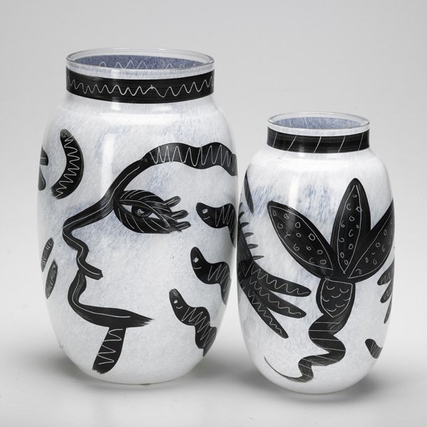 ULRICA HYDMAN-VALLIEN; KOSTA BODA; Two painted gla: ULRICA HYDMAN-VALLIEN; KOSTA BODA; Two painted glass vases with head and fish, Sweden, 2000s; Signed to body, largest with foil label; Tallest: 8 1/4''