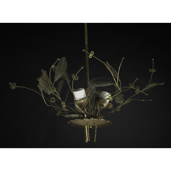PAAVO TYNELL; TAITO OY; Three-light ceiling fixtur: PAAVO TYNELL; TAITO OY; Three-light ceiling fixture with floral sprays, Finland, ca. 1950; Brass and copper; Stamped TT/OY TAITO AB/MADE IN FINLAND/9029, To cap: 22 1/2'' x 18'' diam.