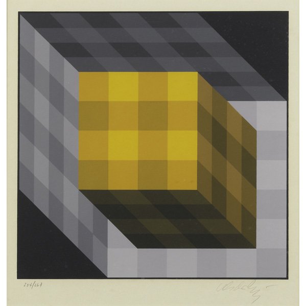 VICTOR VASARELY (Hungarian, 1906-1997); Two untitl: VICTOR VASARELY (Hungarian, 1906-1997); Two untitled screenprints (framed); Each signed and numbered with certificate on verso; Larger: 25 1/2'' x 25 1/2''