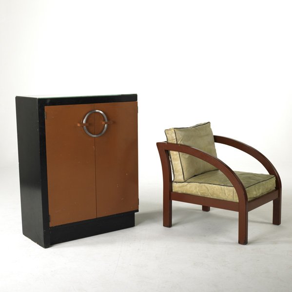 GILBERT ROHDE; HERMAN MILLER; PAUL FRANKL; JOHNSON: GILBERT ROHDE; HERMAN MILLER; PAUL FRANKL; JOHNSON FURNITURE CO; Cabinet and lounge chair, USA, 1940s; Painted wood, chromed steel, mirror and leather; Unmarked; Cabinet: 41 1/2'' x 32'' x 15 3/4'' ch