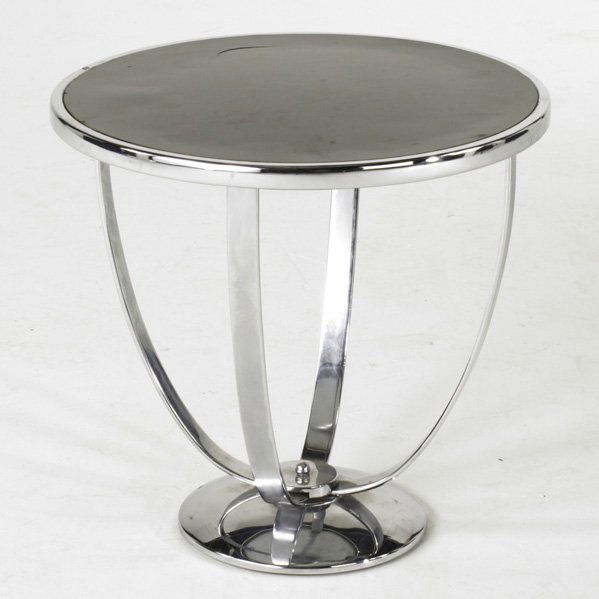 WOLFGANG HOFFMANN; HOWELL; Occasional table, USA,: WOLFGANG HOFFMANN; HOWELL; Occasional table, USA, 1930s; Chromed steel and laminate; Decal label; 19'' x 20'' dia.